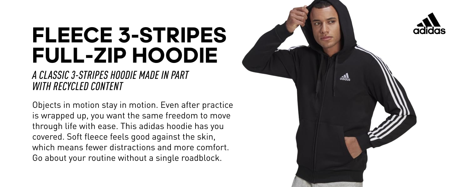 Fleece 3-stripes full-zip hoodie: a classic hoodie made in part with recycled materials